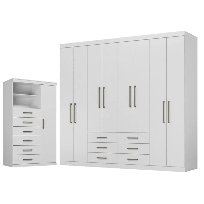 Guarda Roupa Casal Master 8 Portas de Bater 6 Gavetas Branco Brilho Santos Andirá