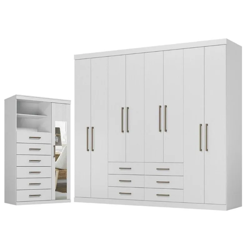 Guarda Roupa Casal Master 8 Portas de Bater 6 Gavetas Branco Brilho Santos Andirá