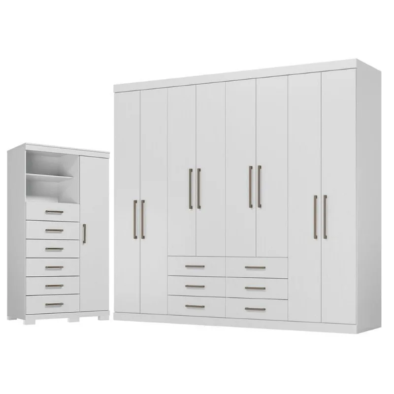Guarda Roupa Casal Master 8 Portas de Bater 6 Gavetas Branco Brilho e Cômoda Marabá Santos Andirá