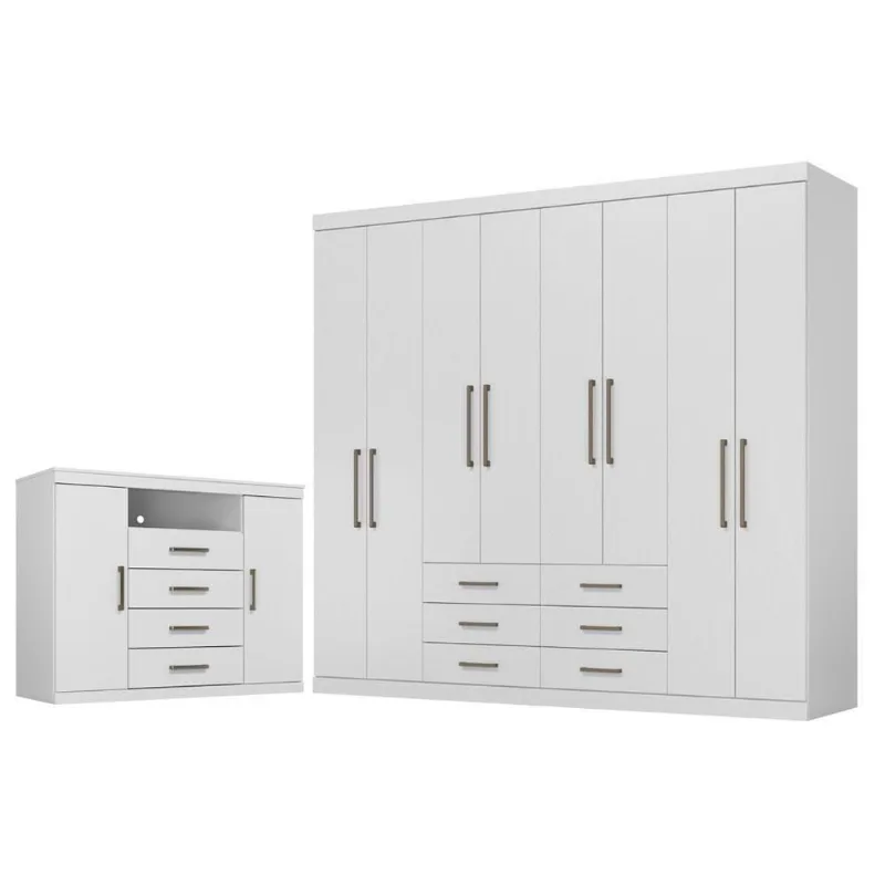 Guarda Roupa Casal Master 8 Portas de Bater 6 Gavetas MDP Branco Brilho Santos Andirá
