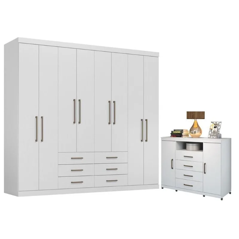 Guarda Roupa Casal Master 8 Portas 6 Gavetas MDP Branco Brilho Santos Andirá