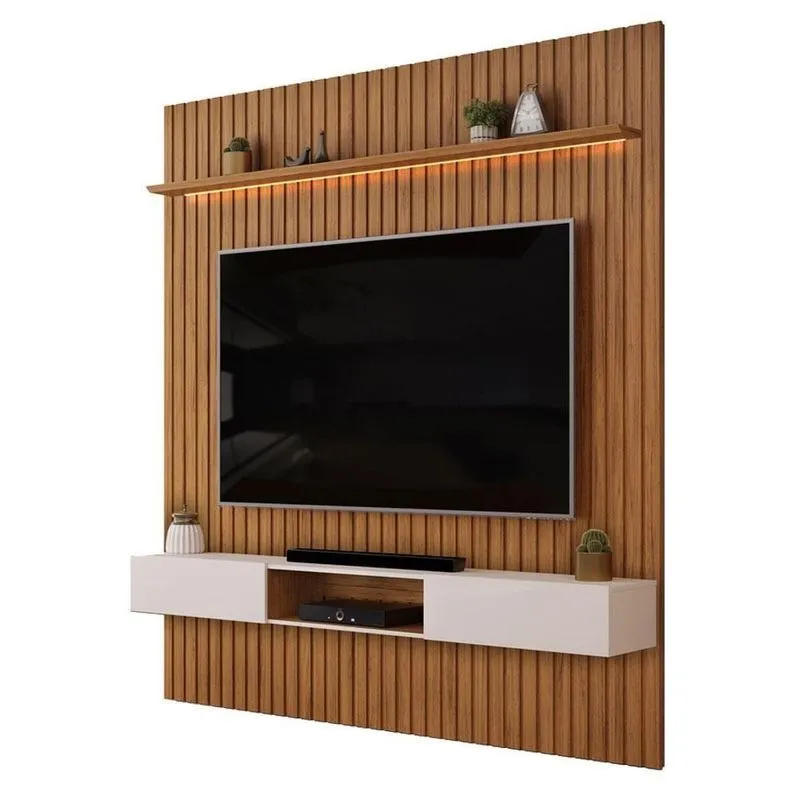 Painel Para TV Com Bancada Trento 75 Polegadas 250cm MDF Freijó Off White Com LED DJ Móveis
