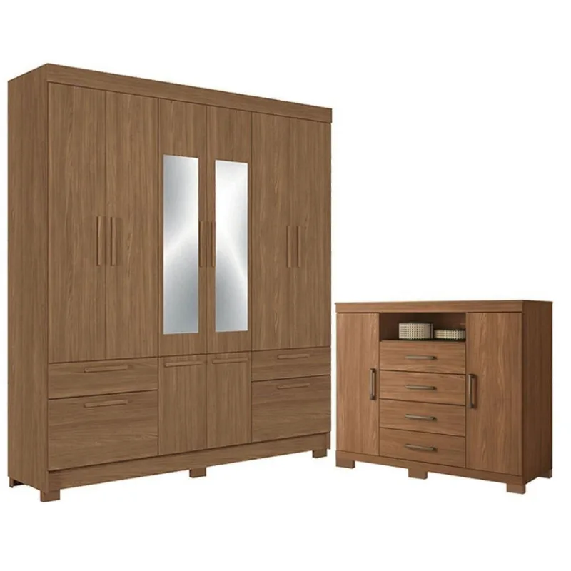 Guarda Roupa Casal com Cômoda Curitiba 8 Portas de Bater 4 Gavetas MDP Jatobá Acetinado Santos