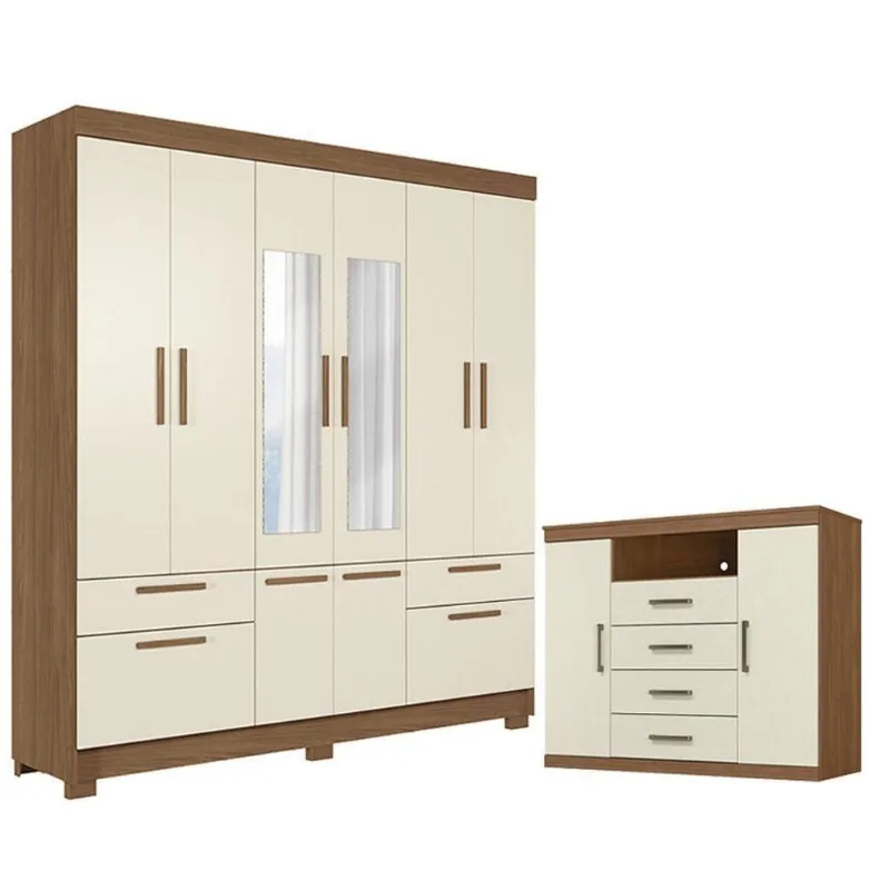 Guarda Roupa Casal Curitiba 8 Portas 4 Gavetas MDP 194,4CM Jatobá Areia Santos Andirá