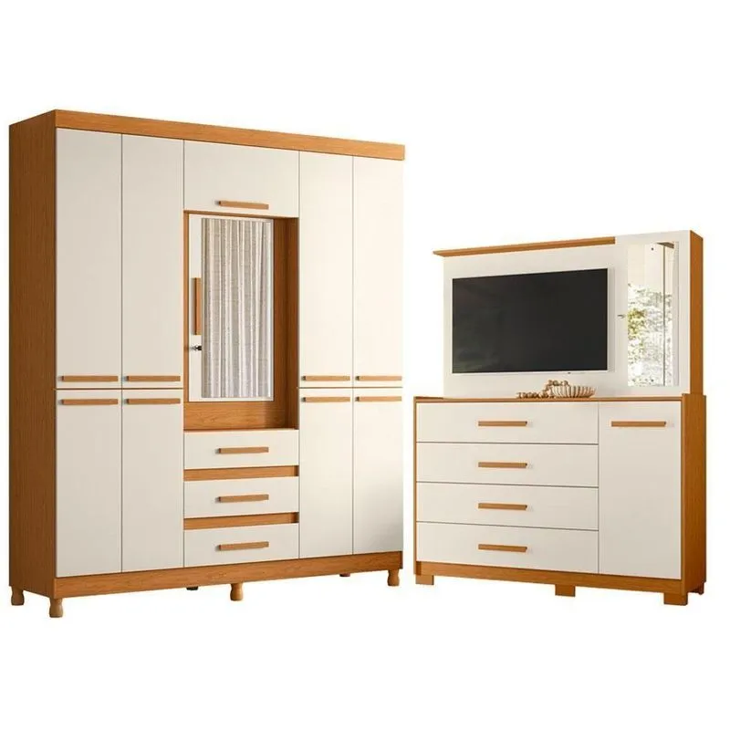 Guarda Roupa Casal Cômoda New Fusion 10 Portas 3 Gavetas MDF Cinamomo Off White Albatroz Móveis