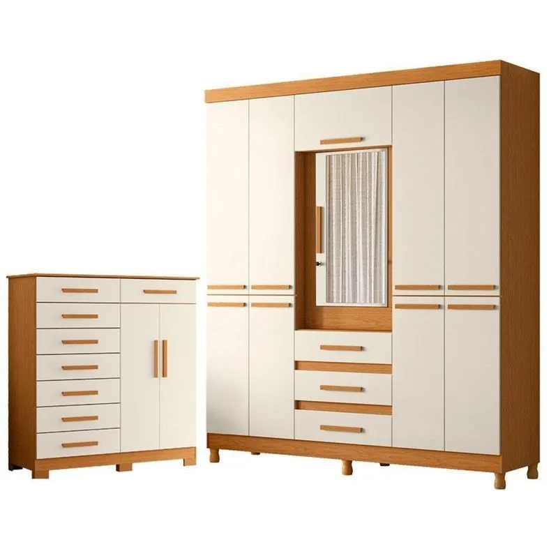 Guarda Roupa Casal Com Cômoda New Fusion E Verona 10 Portas 3 Gavetas MDF Cinamomo Off White