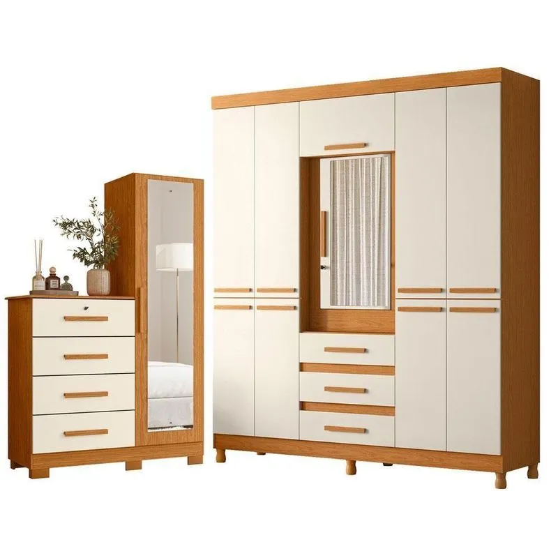 Guarda Roupa Casal E Cômoda New Fusion E Belize Plus 10 Portas 3 Gavetas MDF Cinamomo Off White