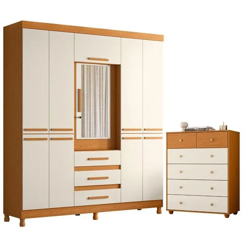 Guarda Roupa Casal Cômoda New Fusion 10 Portas 6 Gavetas MDF Cinamomo Off White Albatroz Móveis