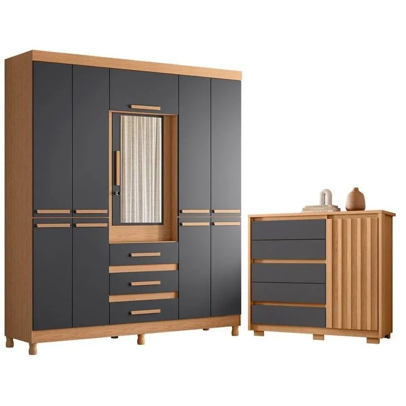 Guarda Roupa Casal E Cômoda Sapateira New Fusion E Duetto 10 Portas 5 Gavetas MDF Freijó Titanium