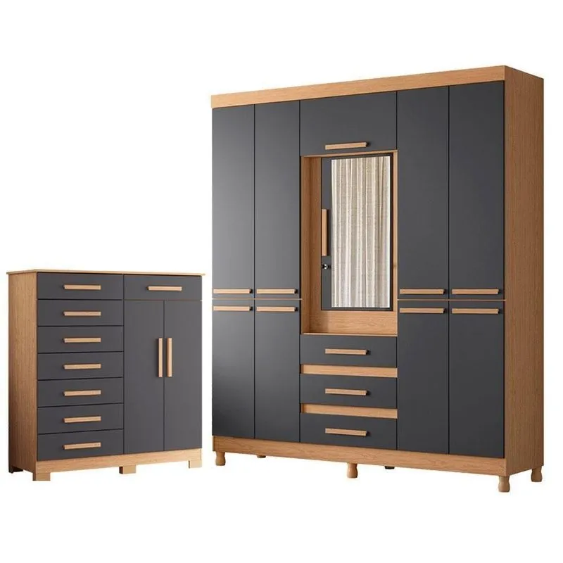 Guarda Roupa Casal Com Cômoda New Fusion E Verona 10 Portas 3 Gavetas MDF Freijó Titanium Albatroz