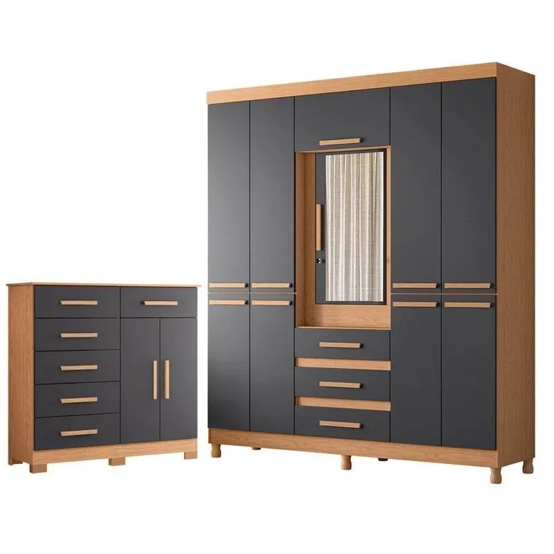 Guarda Roupa Casal New Fusion 10 Portas Basculante 3 Gavetas MDF Freijó Titanium Com Cômoda Xangai