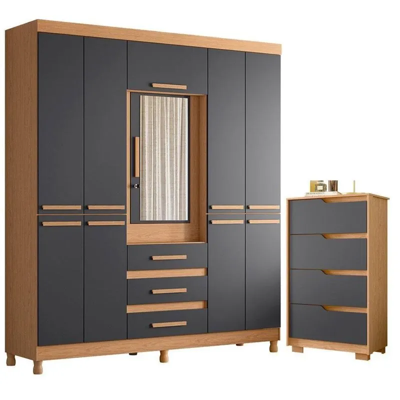 Guarda Roupa Casal E Cômoda New Fusion 10 Portas Basculante Mdf Mdp Freijó Titanium Albatroz Móveis