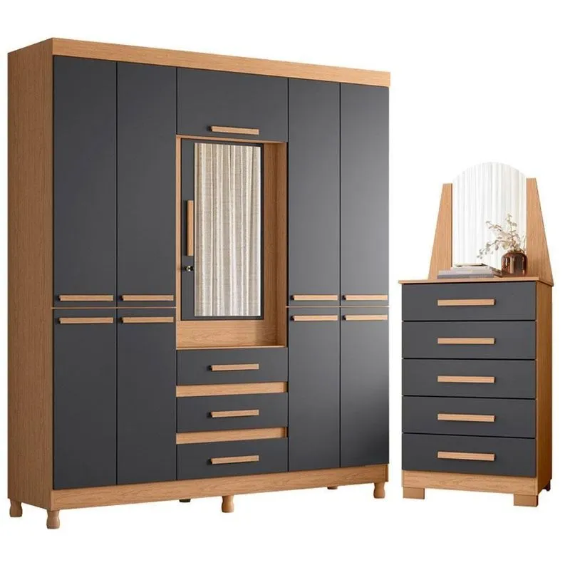 Guarda Roupa Casal New Fusion E Cômoda New Veneza 3 Gavetas Freijó Titanium Albatroz Móveis