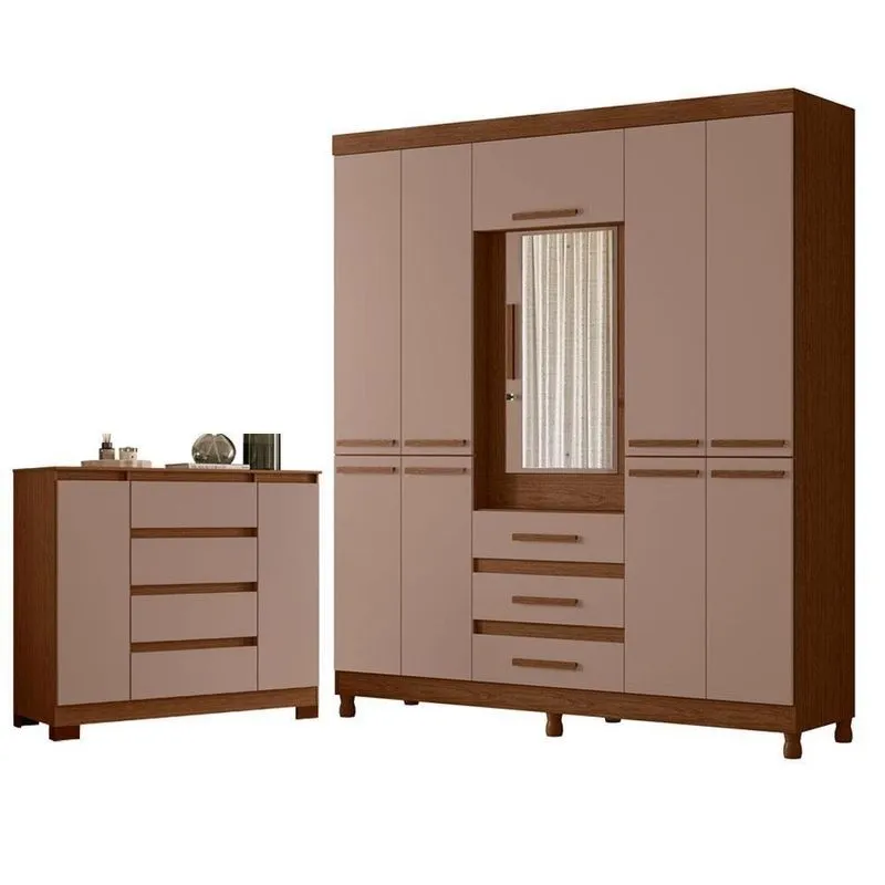 Guarda Roupa Casal Com Cômoda Sapateira New Fusion E Atena 10 Portas 3 Gavetas MDF Nogueira