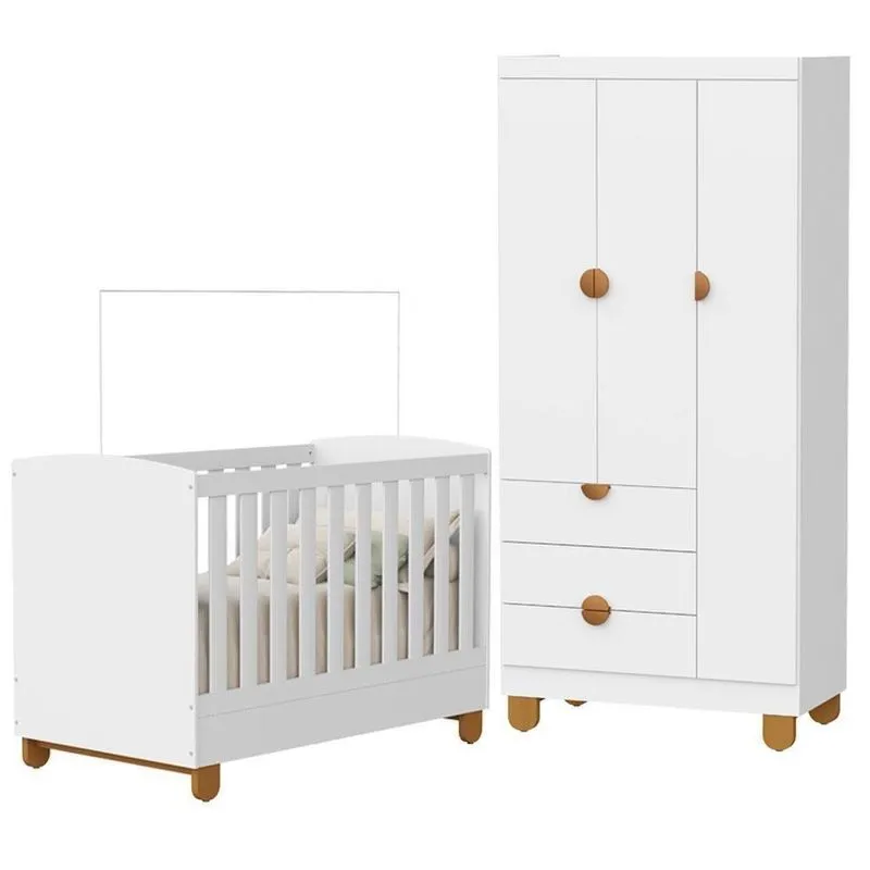 Berço E Guarda Roupa Infantil Apolo 3 Portas 3 Gavetas MDF Branco Fosco Reller Móveis