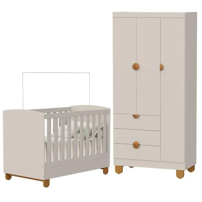 Berço Americano E Guarda Roupa Infantil Apolo 3 Portas 3 Gavetas MDF Areia Fosco Bege Reller
