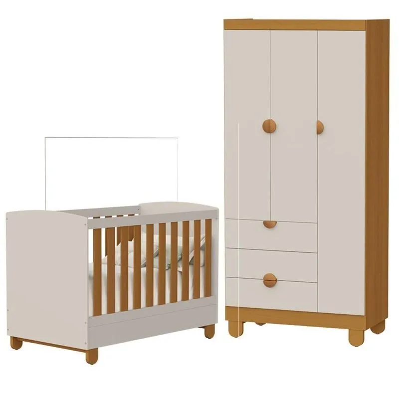 Berço E Guarda Roupa Infantil Apolo 3 Portas 3 Gavetas MDF Areia Fosco Savana Reller Móveis
