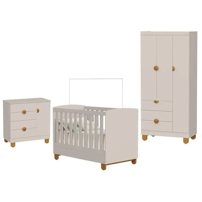 Quarto De Bebê Apolo MDF Areia Fosco Berço Americano Cômoda Sapateira Guarda Roupa Infantil Reller