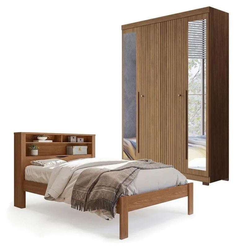 Guarda Roupa Ripado Buriti 4 Portas 2 Gavetas MDP-MDF 155cm Marrom Santos Andirá Com Cama Invicta