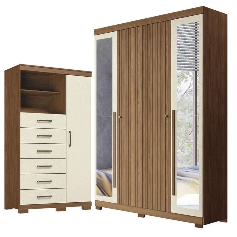 Guarda Roupa Casal Ripado Buriti 4 Portas De Bater Cômoda Marabá 6 Gavetas Jatobá Areia Santos