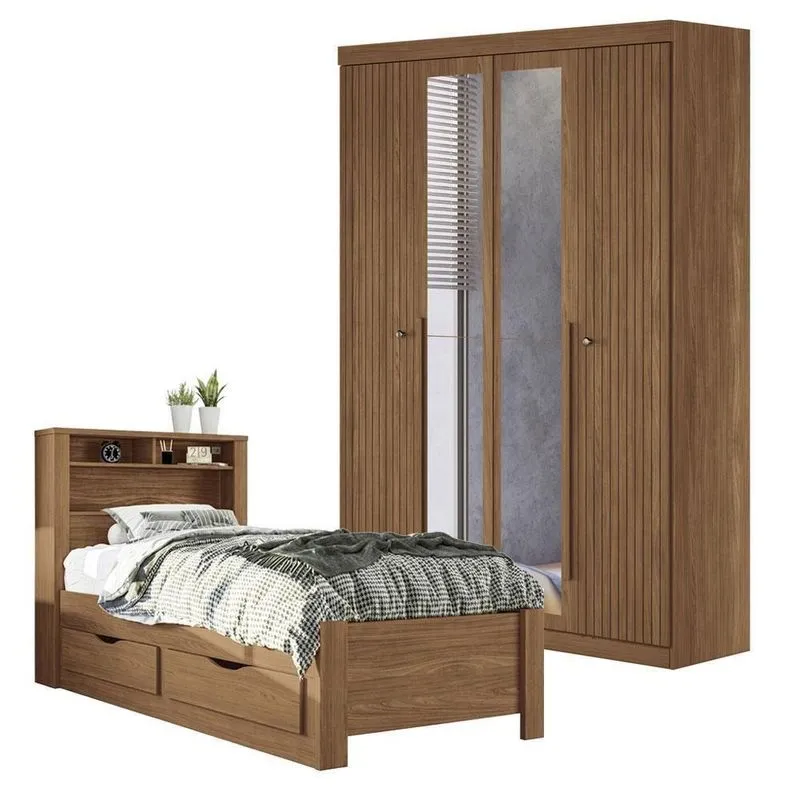 Guarda Roupa Casal Ripado Buriti 4 Portas Com Espelho 2 Gavetas Mdp-mdf Jatobá Cama Solteiro Invicta