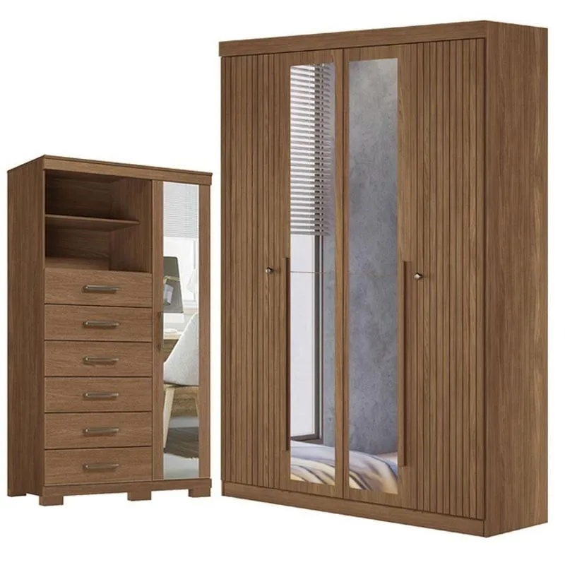 Guarda Roupa Casal Buriti 4 Portas De Bater Com Espelho E Cômoda Marabá 6 Gavetas Jatobá Acetinado