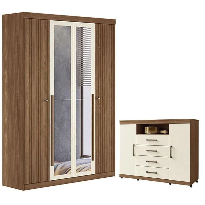 Guarda Roupa Casal Com Cômoda Ripado 4 Portas De Bater 2 Gavetas Mdf-mdp Jatobá Areia Santos Andirá