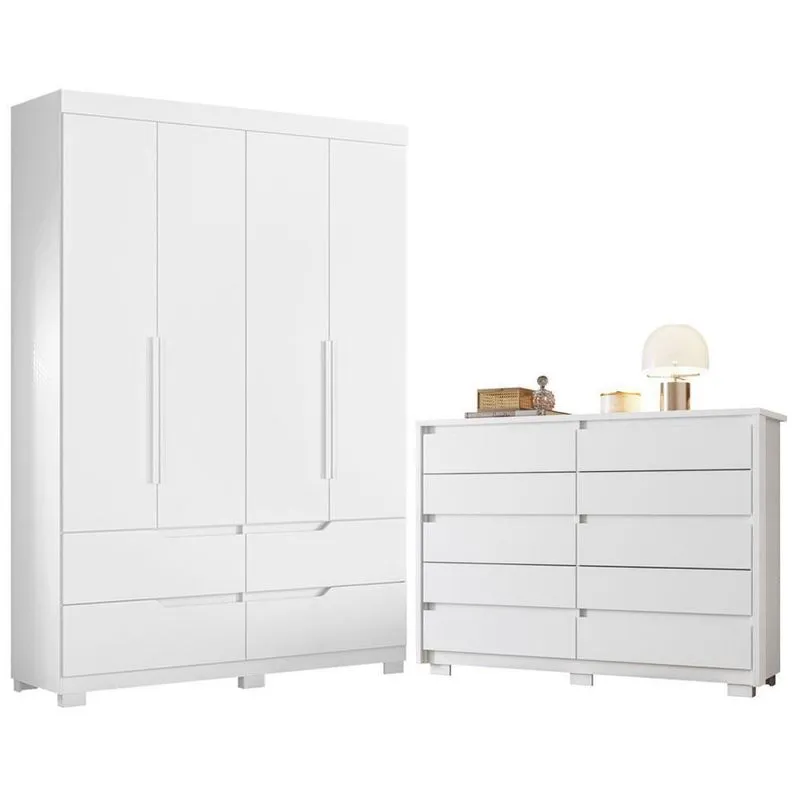 Guarda Roupa Solteiro Cômoda Doble 4 Portas De Bater 4 Gavetas MDP Fosco Branco Albatroz Móveis