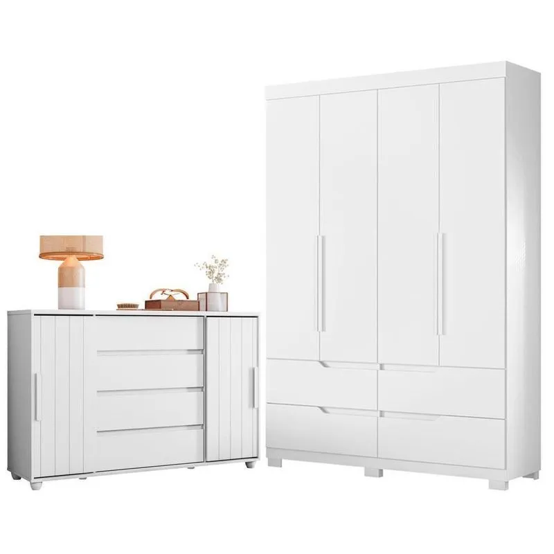Guarda Roupa Solteiro Doble 4 Portas De Correr E Cômoda Evidenza Mdp Fosco Branco Freijo Albatroz