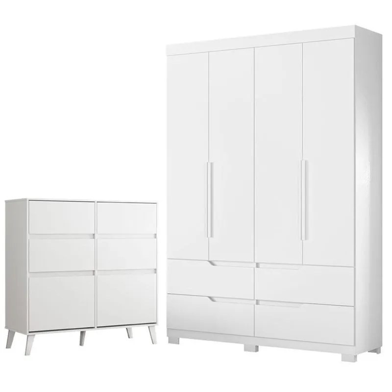 Guarda Roupa Solteiro Doble 4 Portas Basculante E Cômoda Sapateira Dora 4 Gavetas Mdp Branco