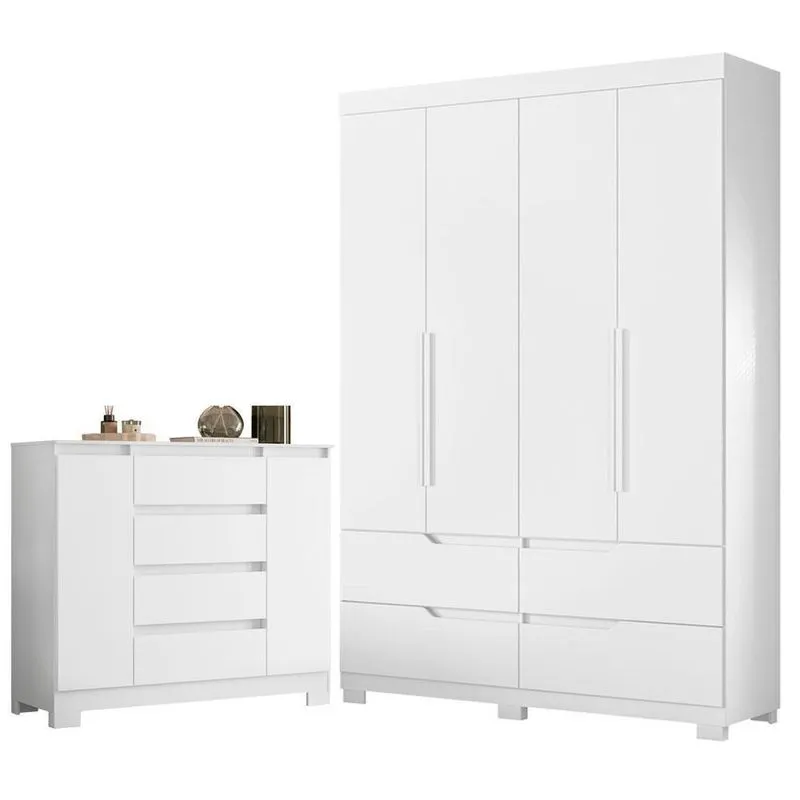 Guarda Roupa Solteiro Doble 04 Portas E Cômoda Sapateira Atena 4 Gavetas Mdp Branco Flex Albatroz