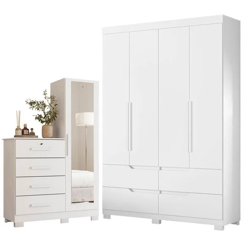 Guarda Roupa Solteiro Com Cômoda Doble 4 Portas De Bater 4 Gavetas MDP Branco Fosco Liso Albatroz