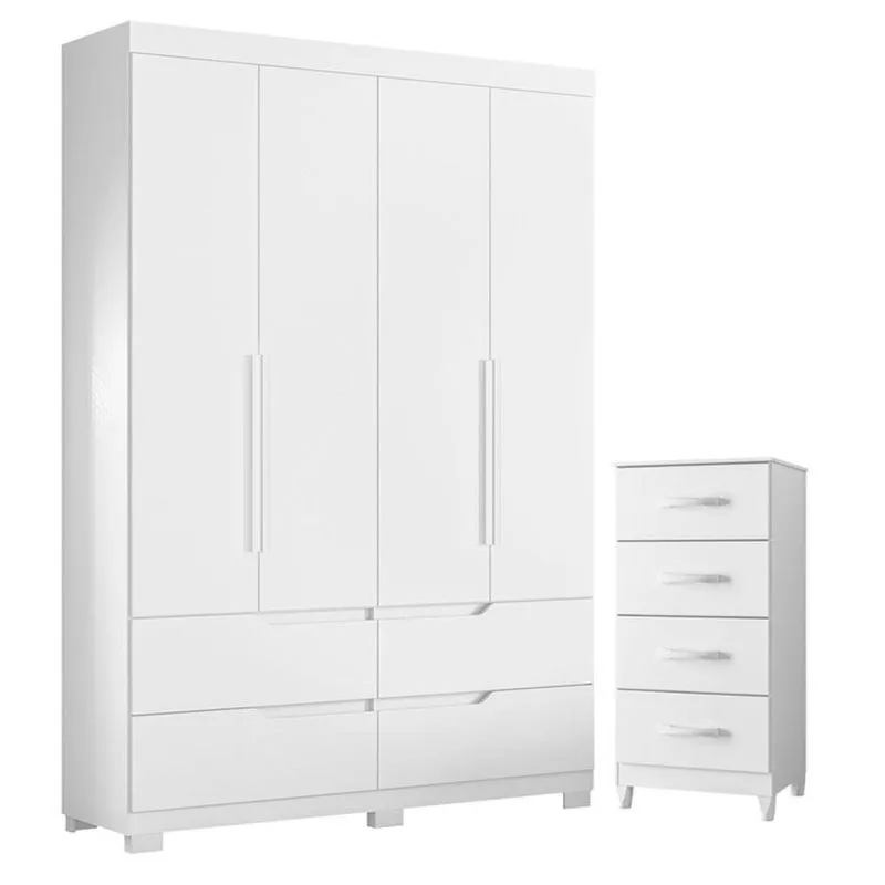 Guarda Roupa Solteiro Doble 4 Portas De Bater E Cômoda Mobi 4 Gavetas Mdp Branco Flex Albatroz