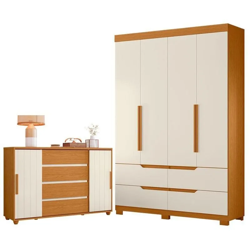 Guarda Roupa Solteiro Doble 4 Portas De Correr E Cômoda Evidenza 4 Gavetas Mdp Cinamomo Off White