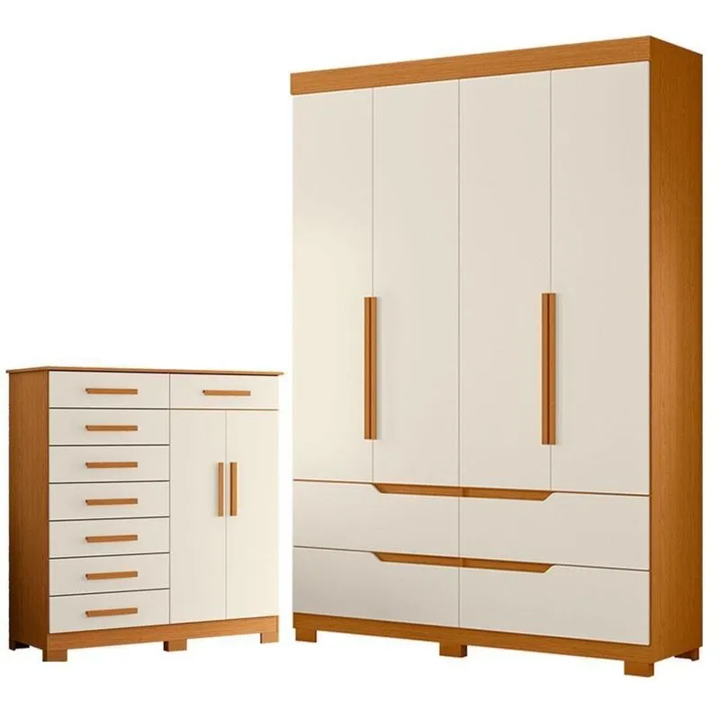 Guarda Roupa Solteiro Doble 4 Portas De Bater 4 Gavetas Mdp Cinamomo Off White Com Cômoda Verona