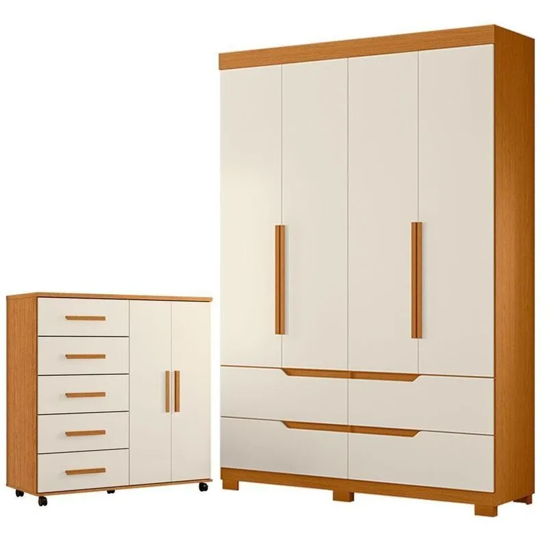 Guarda Roupa Solteiro Doble 4 Portas De Bater 4 Gavetas Mdp Cinamomo Off White Com Cômoda Toronto