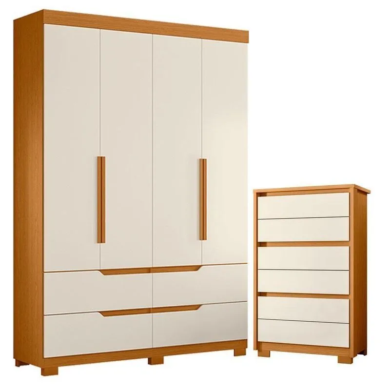 Guarda Roupa Solteiro Doble 4 Portas De Bater 4 Gavetas Mdp Cinamomo Off White Com Cômoda Unno