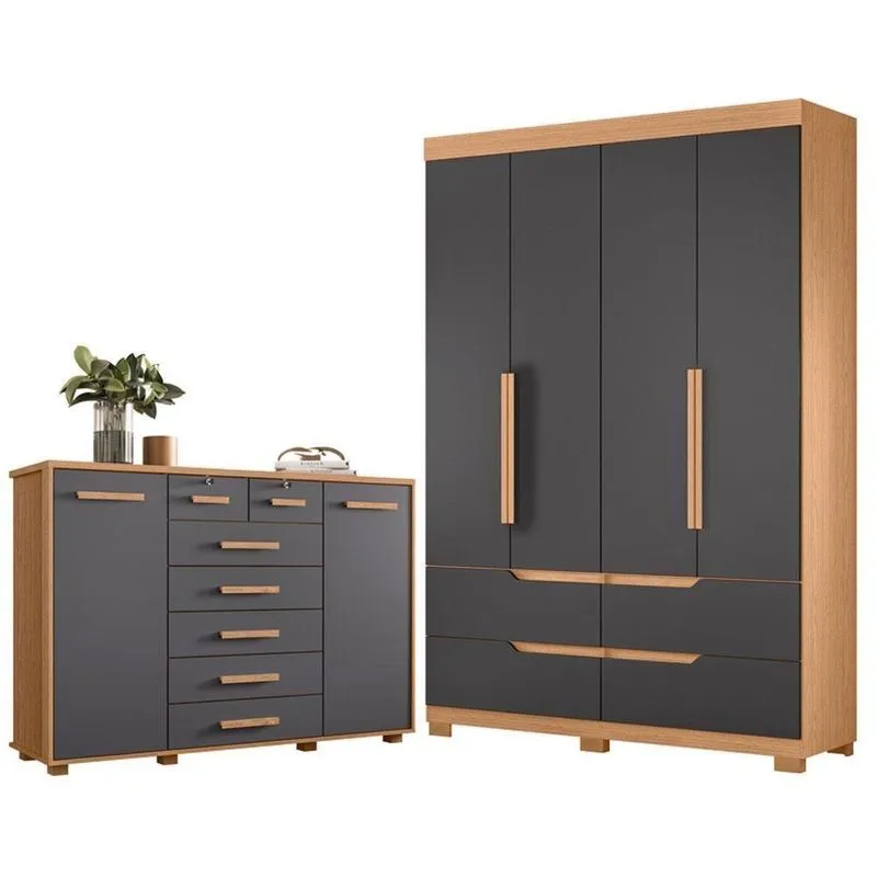 Guarda Roupa Solteiro Doble 4 Portas De Bater E Cômoda Fontana 4 Gavetas Mdp Freijó Titanium