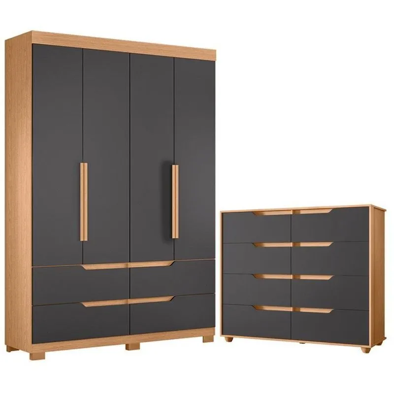 Guarda Roupa Solteiro Doble 4 Portas De Bater 4 Gavetas Mdp Cômoda Freijó Titanium Albatroz Móveis