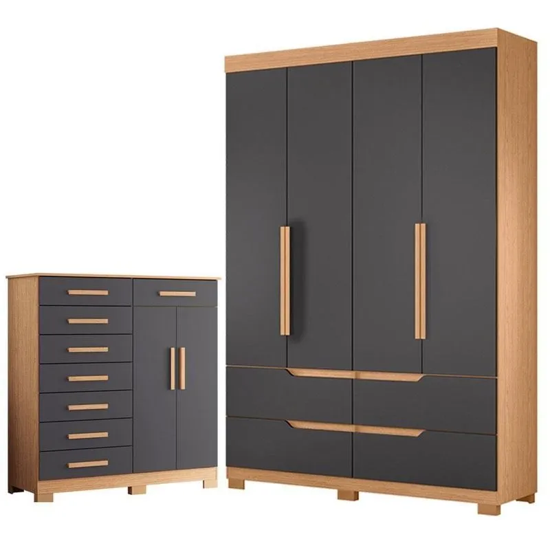 Guarda Roupa Solteiro Doble 4 Portas De Bater 4 Gavetas Mdp Cômoda Verona Freijó Titanium Albatroz