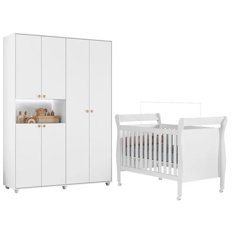 Berço Americano Com Guarda Roupa Infantil Vittoria Slim MDF Branco Com Rodízios Albatroz Móveis