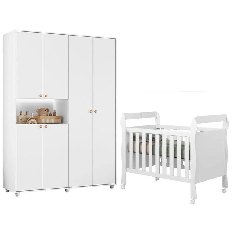 Berço Americano Mini Cama Soninho Com Guarda Roupa Vittoria 6 Portas 2 Gavetas Branco Albatroz