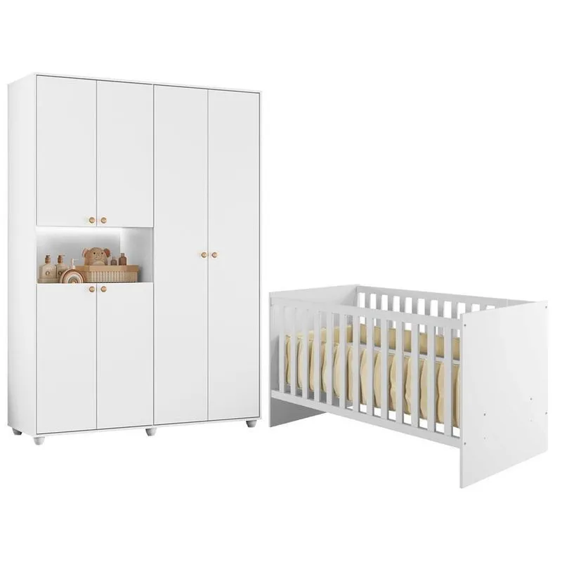 Berço Com Guarda Roupa Infantil Life 2186 Vittoria 6 Portas 2 Gavetas Mdf E Mdp 132,4cm Branco