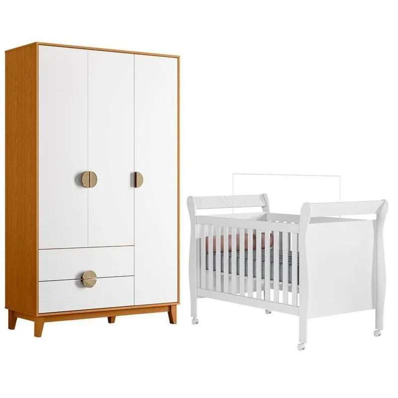 Conjunto Berço Americano Slim Com Guarda Roupa Ipê MDF Branco Cinamomo Albatroz Móveis