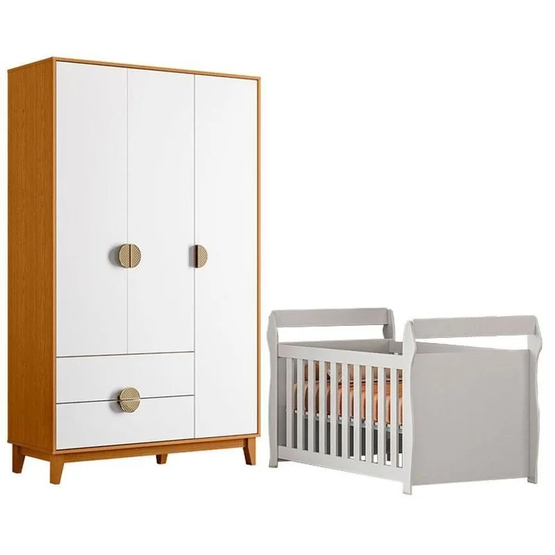 Berço Com Guarda Roupa Infantil Mini Americano Cama Star Mdf Branco 132cm Albatroz Móveis