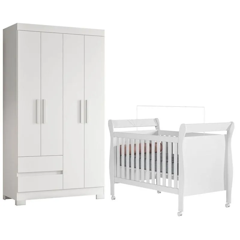 Berço Americano Slim Com Guarda Roupa Olimpia MDF Branco Flex Kit Albatroz Móveis