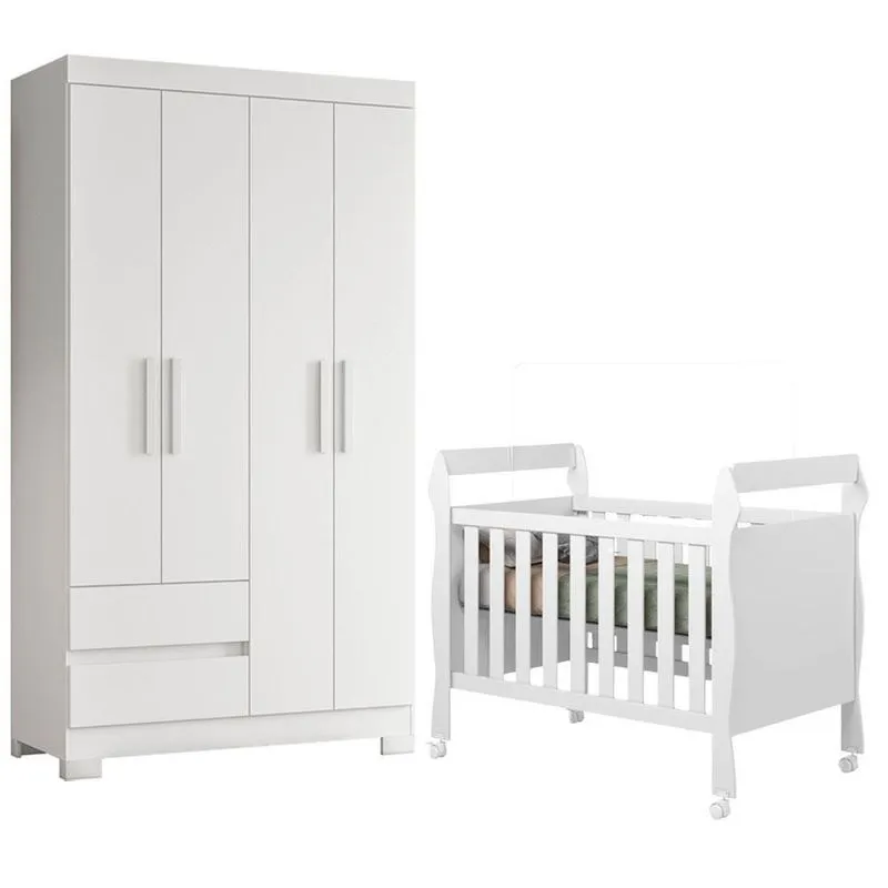 Kit Quarto Infantil Berço Americano Mini Cama Soninho Com Guarda Roupa Olimpia Mdf Branco Albatroz