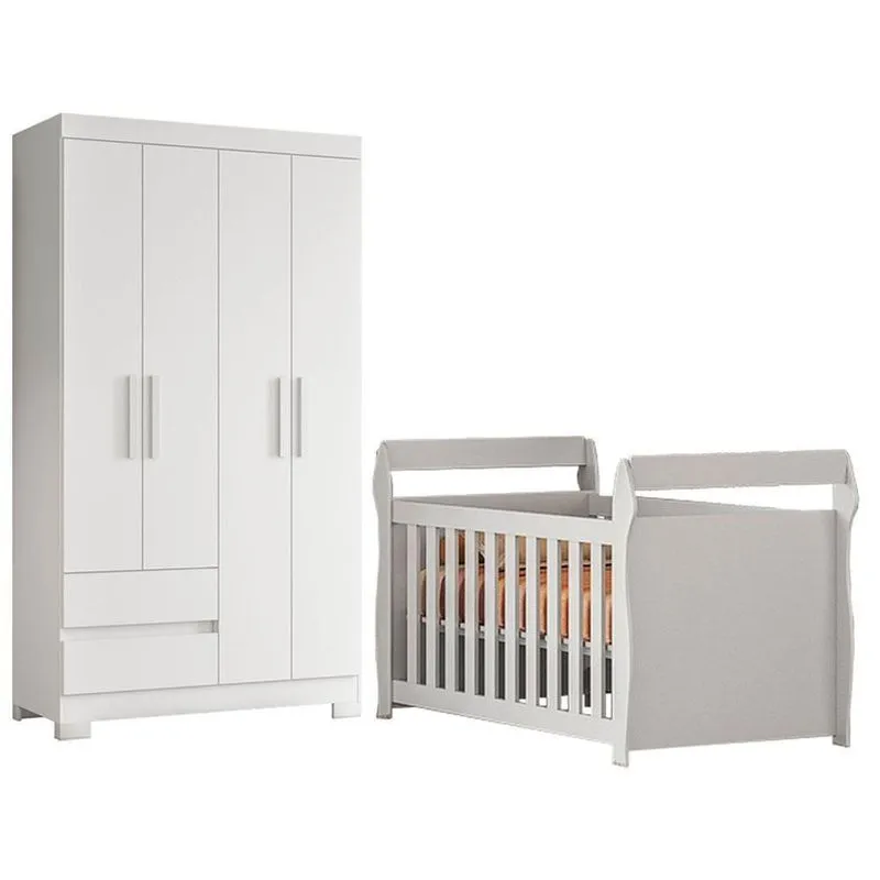 Berço Com Guarda Roupa Mini Americano Cama Star Olimpia Mdp E Mdf Branco 132cm Albatroz Móveis