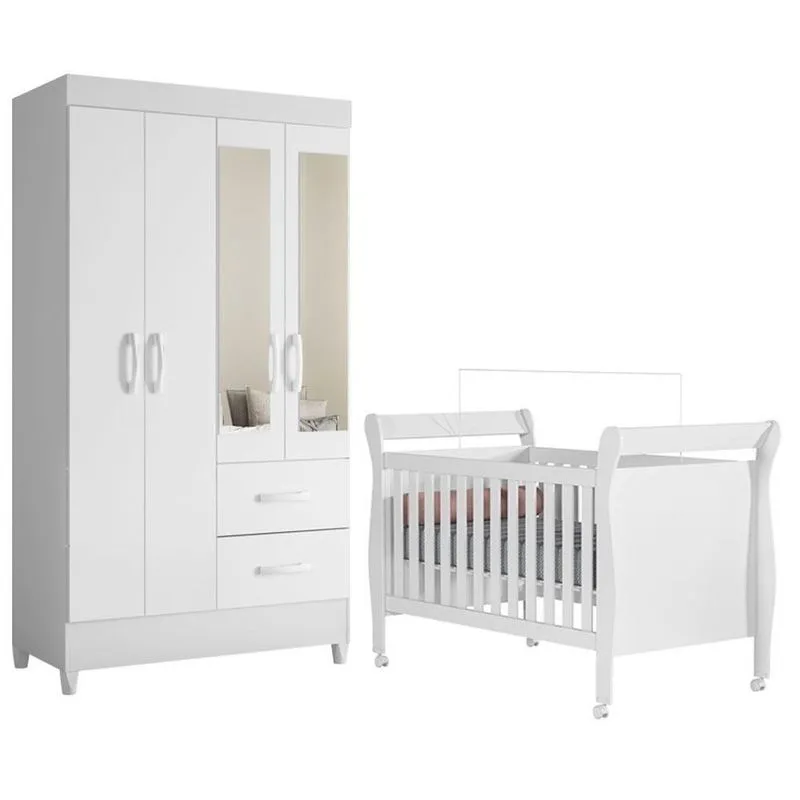 Berço Com Guarda Roupa Infantil Americano Slim Mobi 4 Portas MDF Branco Albatroz Móveis
