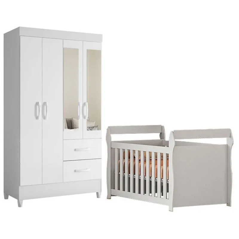 Berço Mini Cama Americano Star Com Guarda Roupa Mobi Com Espelho MDF Branco Albatroz Móveis